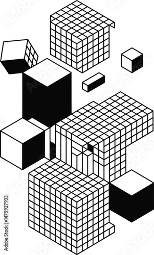 Abstract black and white geometric composition featuring isometric cubes and 3d box elements on a white background