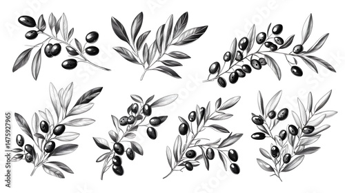 Detailed illustrations of olive branches and fruit.