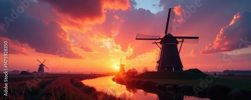Classic Dutch windmill silhouetted against vibrant sunset sky , silhouette, old