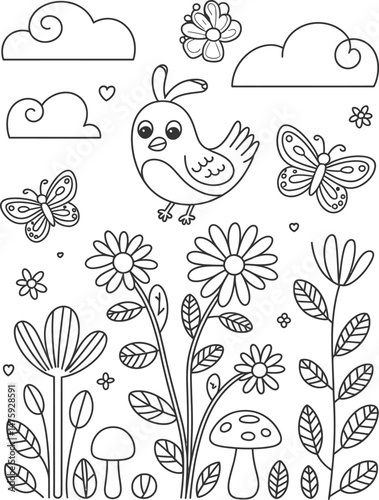 Whimsical black and white springtime scene featuring a bird flowers butterflies and clouds