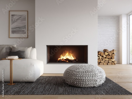 Wallpaper Mural Contemporary living room interior with fireplace and white sofa in minimalist style home setting Torontodigital.ca