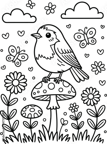 Charming black and white illustration of a bird perched on a mushroom in a whimsical garden