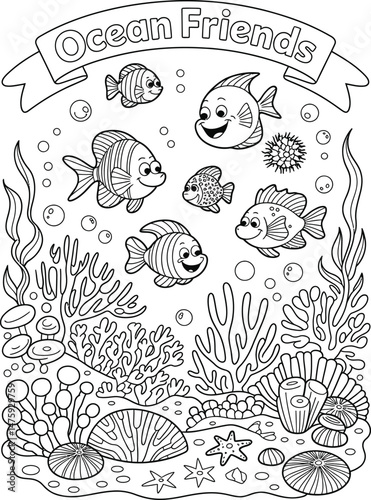 Adorable ocean friends underwater coloring page featuring friendly smiling fishes and marine life