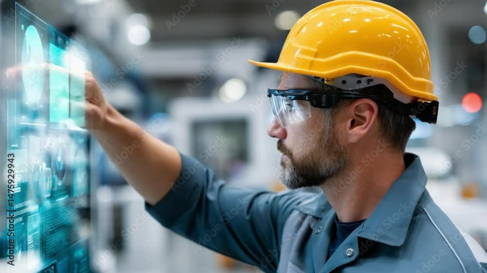 Modern Technology in Industry: An industrial worker, adorned with safety gear and smart glasses, expertly interacts with an augmented reality interface. Modern Technology in Industry: An industrial worker, adorned with safety gear and smart glasses, expertly interacts with an augmented reality interface.