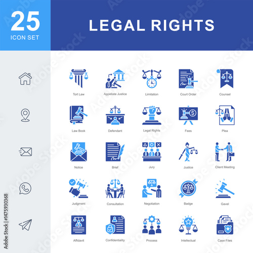 Legal Rights icon set featuring icons for court orders, client representation, justice, documentation, and legal processes. Ideal for law firms, legal education, and rights-based advocacy.