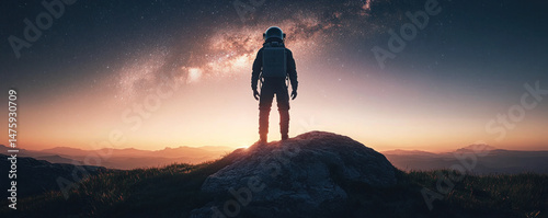 A man in a spacesuit stands on a rocky hill at night. The sky is filled with stars and the man is looking up at them. Concept of wonder and awe at the vastness of the universe