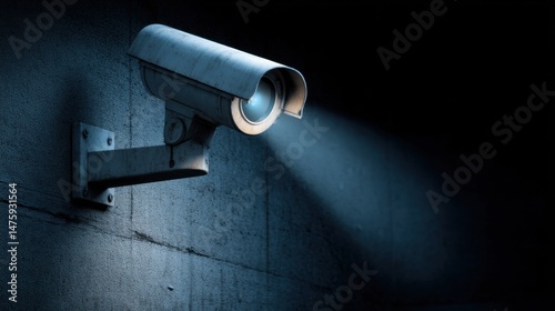Security Camera on Wall in Dark Room Close Up Surveillance System Low Angle Perspective