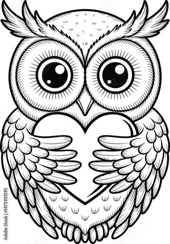 Intricate line art illustration of a loving owl clutching a heart symbol in a black and white design