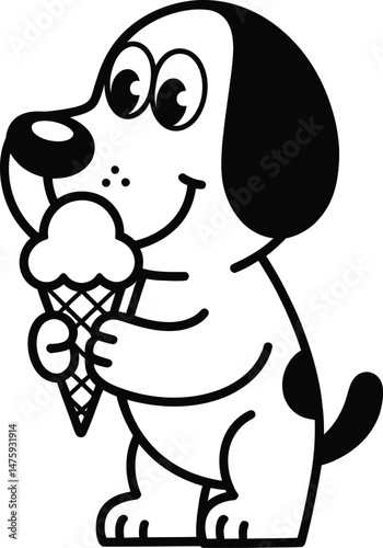 Adorable black and white cartoon dog happily holding an ice cream cone treat