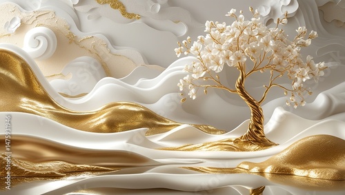 Dreamy Golden Tree with White Blossoms and Flowing Shapes
