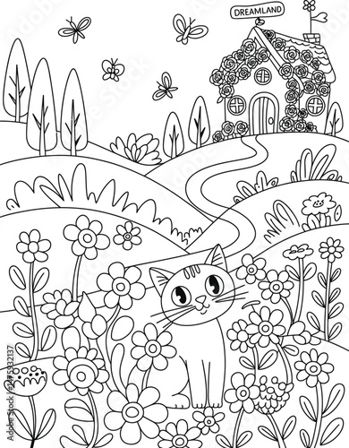 Cute cat in a dreamland garden with flowers butterflies and a decorated house for coloring
