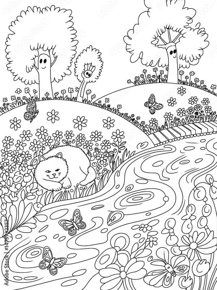 Obraz premium Whimsical black and white illustration of a cat relaxing by a stream in a magical garden