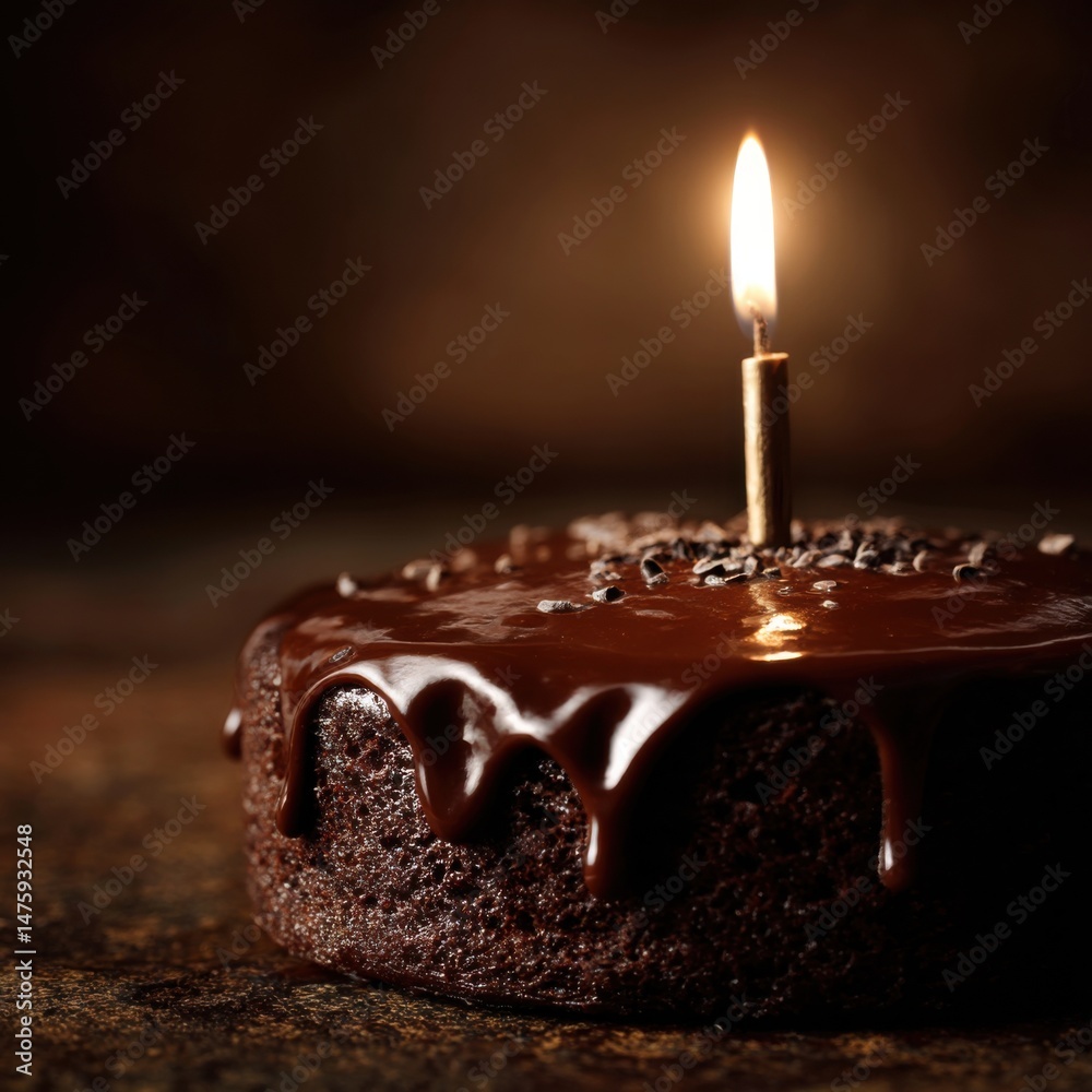 Obraz premium Dark chocolate cake with candle celebration close up studio shot dessert birthday treat sweet indulgence