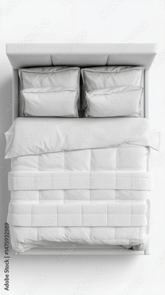 Fototapeta premium Top-Down View of White Bedding on Modern Bed in Minimalist Room for Sleep and Restful Night