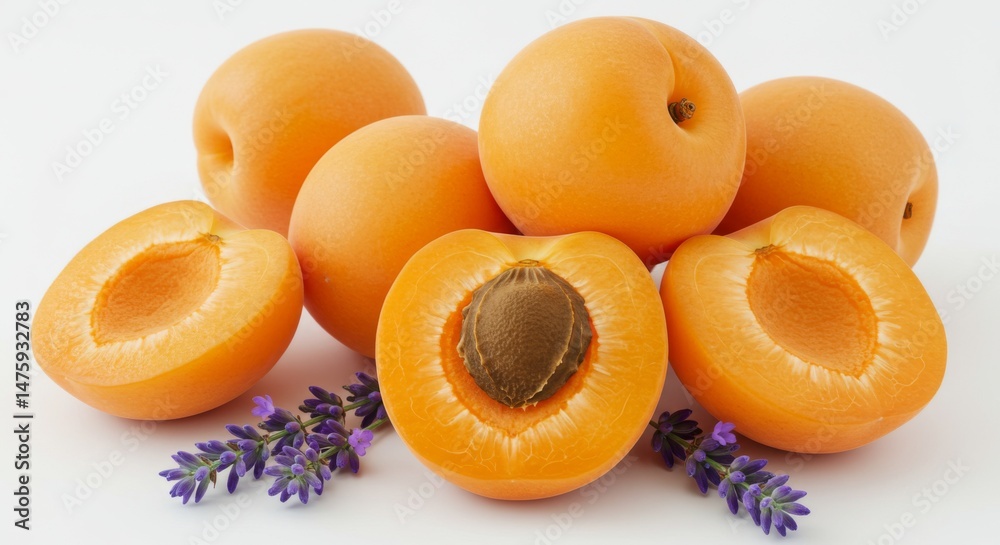 Fresh apricots and lavender sprigs on white background for natural decor
