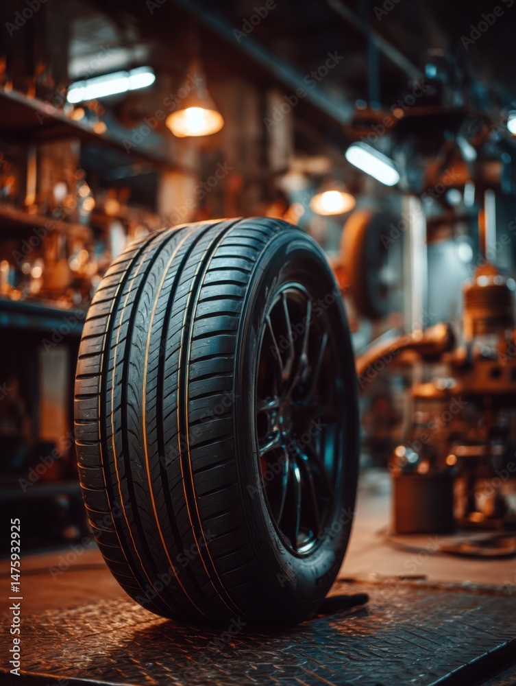 Obraz premium New car tire close up in mechanic shop garage on metal surface eye level automotive industry