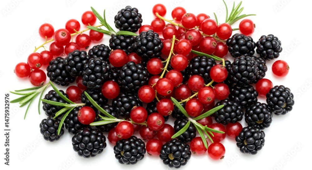 Fresh blackberries and red currants with rosemary for summer recipes and healthy eating