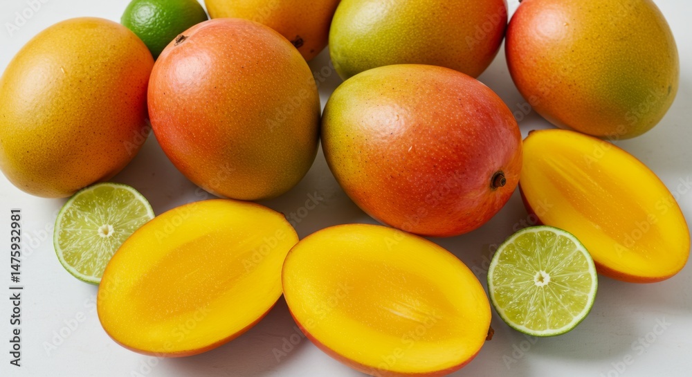 Fresh and vibrant display of whole and sliced mangoes with limes for tropical culinary inspiration