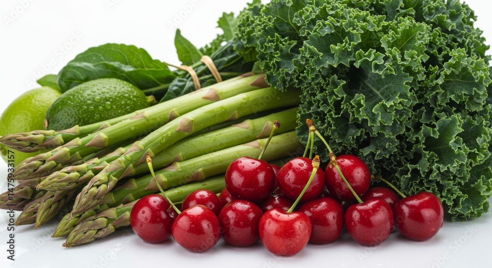 Fresh green vegetables and red cherries for healthy spring diet