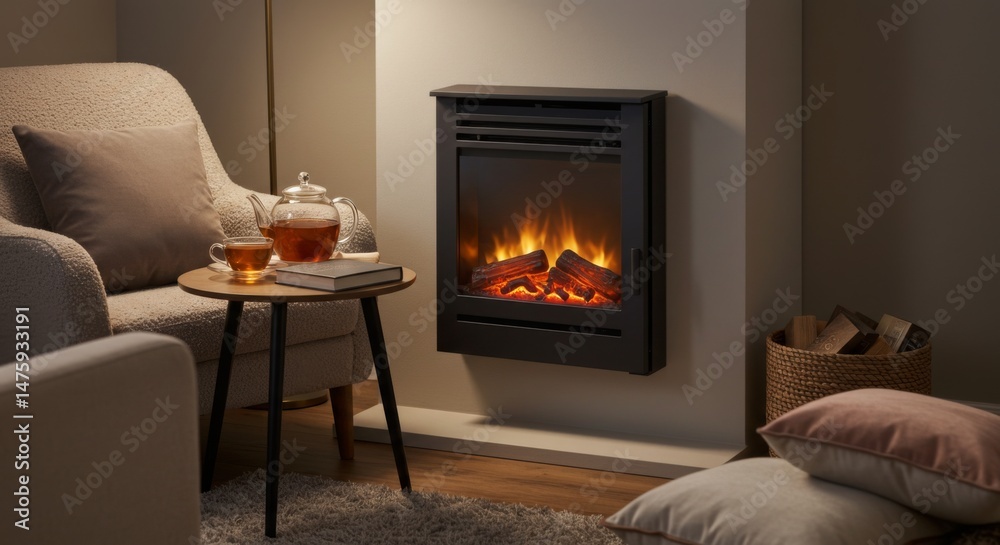 Cozy living room with electric fireplace and tea set for relaxation and comfort