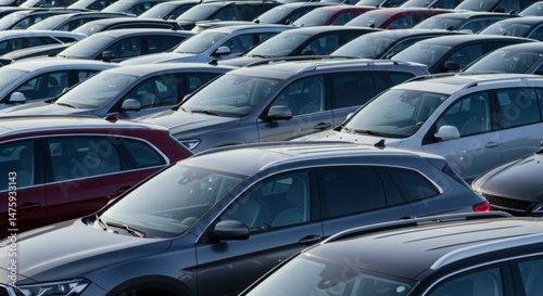 Aerial view of new cars parked in a large lot highlighting modern automotive design and transportation