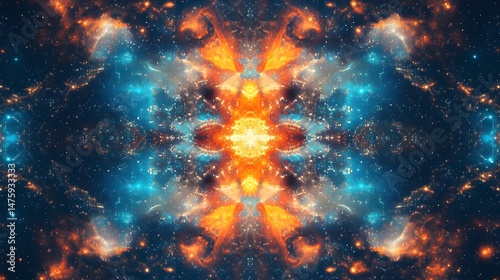 Intricate symmetrical pattern of cosmic nebulae.