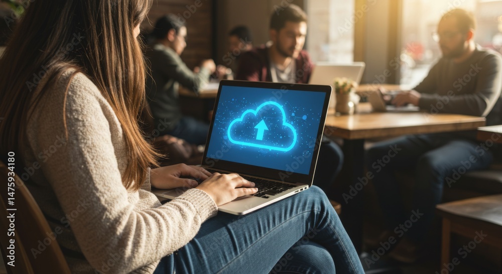 Technology and connection concept with cloud computing in a modern cafe setting