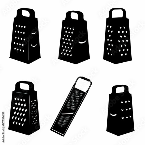 Shredder Variety: A collection of different stainless steel graters stands in stark, monochrome contrast, highlighting their shapes and cutting surfaces. 
