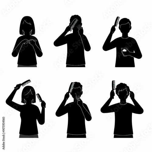 Silhouette Grooming Routine: Various individuals engaged in a grooming routine, featuring silhouettes in a modern and minimalistic style. capturing the essence of daily grooming and personal care.