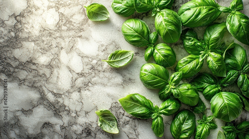 Obraz premium Fresh basil leaves scattered on marble countertop