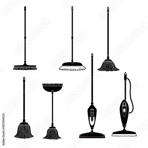 Cleaning Equipment Icons: A collection of cleaning equipment icons, including brooms, mops, and steam cleaners,  presented in a simple, black and white silhouette style. Ideal for household cleaning.