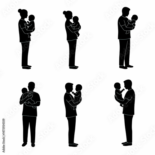 Holding Baby Collection: A collection of simple silhouettes capture the tender moments of parent with their babies. It offers versatility for design projects that celebrate parenthood, family.