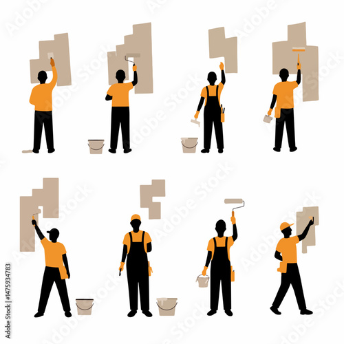 Craftsmen at Work: A graphic representation of craftsmen engaged in painting and wall preparation. The image showcases the different steps of applying paint.