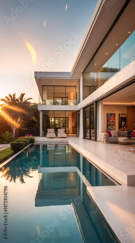spacious real estate backyard with luxurious mansion view and living room opening captured during warm afternoon architecture shoot premium stock photo