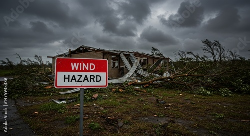 Natural disaster scene with wind hazard warning and damaged house