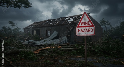 Severe storm damage warning concept with wind hazard sign amidst destroyed house for disaster awareness