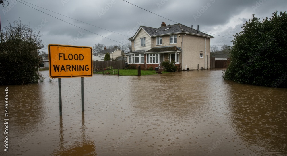 Flood warning sign near submerged residential area during stormy weather