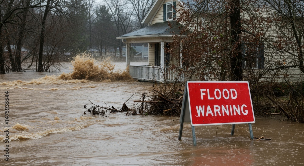 Flooded residential area with warning sign during heavy rainfall