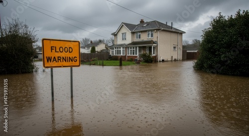 Obraz na płótnie Flood warning sign near submerged residential area during stormy weather w salonie