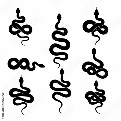 Snake Silhouettes Collection: A set of nine distinct snake silhouettes in various poses, ideal for design projects seeking a touch of intrigue and symbolism.