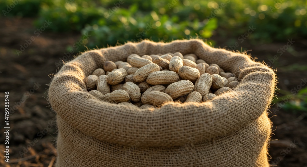 Sack of fresh peanuts in burlap bag on farm soil for harvest and organic farming