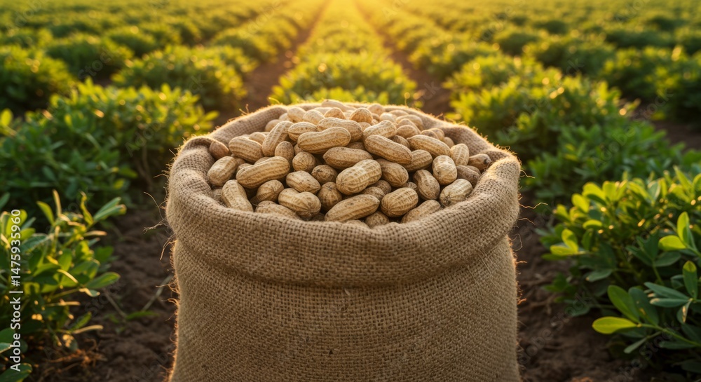 Harvest of fresh peanuts in burlap sack at sunrise on a lush farm field