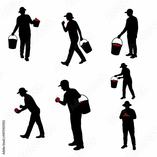 Silhouette Collection: A series of dynamic silhouettes captures various actions and postures, hinting at a day filled with gathering, labor, and perhaps the fruits of the land.