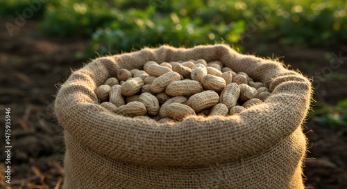 Obraz na płótnie Sack of fresh peanuts in burlap bag on farm soil for harvest and organic farming w salonie