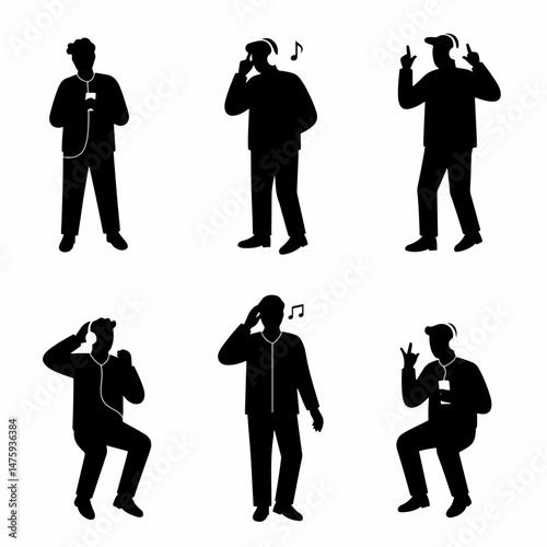 Silhouette of the Sound: Dynamic monochrome silhouettes capture diverse poses and expressions while immersed in music, emphasizing individuality.