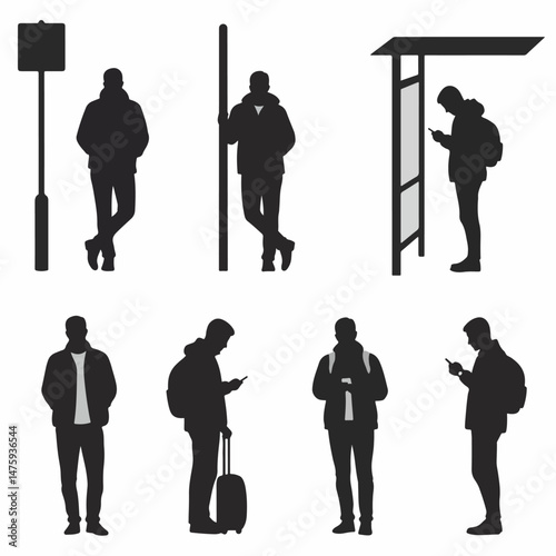 Waiting Silhouette Series: Captivating silhouettes depicting individuals in various moments of anticipation at a public transportation stop. A study of urban waiting.