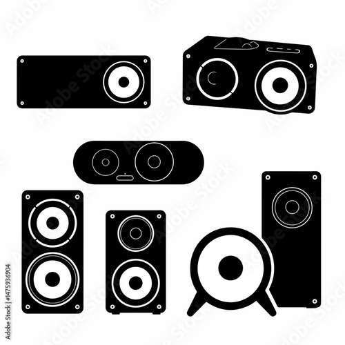 Speaker Collection: A diverse set of speaker icons, showcasing various shapes and sizes of audio equipment, perfect for presentations or design projects.