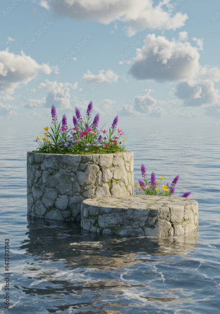 Tranquil ocean scene with flower-covered stone platforms in serene waters