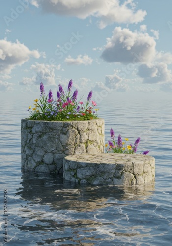 Obraz na płótnie Tranquil ocean scene with flower-covered stone platforms in serene waters w salonie