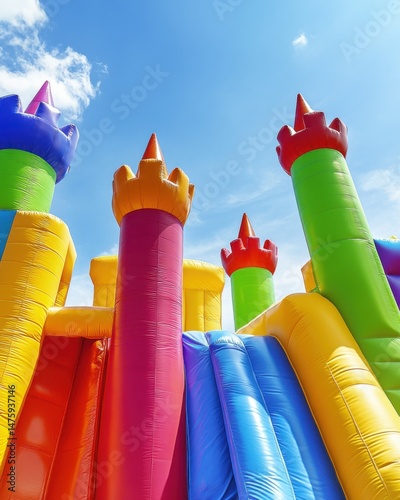 Low angle view of colorful inflatable bounce house castle with slide against blue sky for kids fun